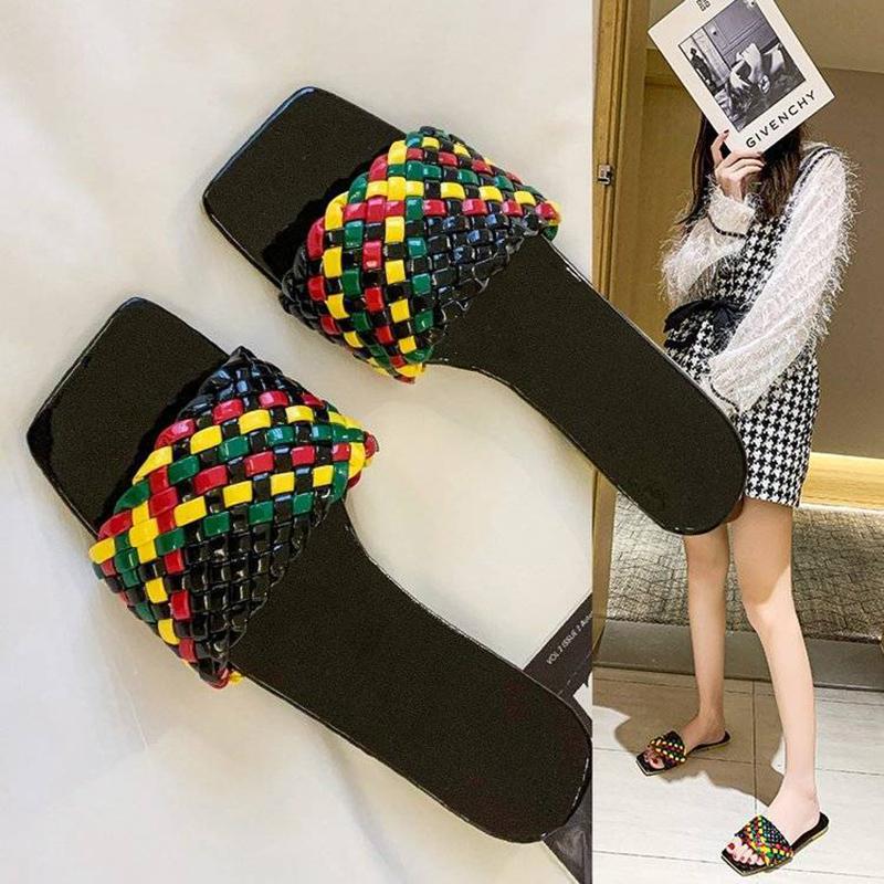 Color-blocking Woven Sandals  Slippers Women's All-match Outer Wear Summer Square-toe Flat-bottomed Slippers