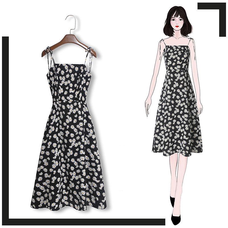 Pofulove Women's Little Daisy Floral Dress Summer Sleeveless slip dress  Midi Sexy A-line ruffled Spaghetti Strap Dress