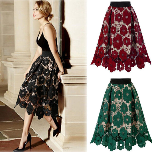 Summer Elegant Hollow Flower Embroidered Lace Skirt Large Size Women Vintage A-line Skirt Exquisite Retro Mid-length Lace Tulle Mesh Skirt
