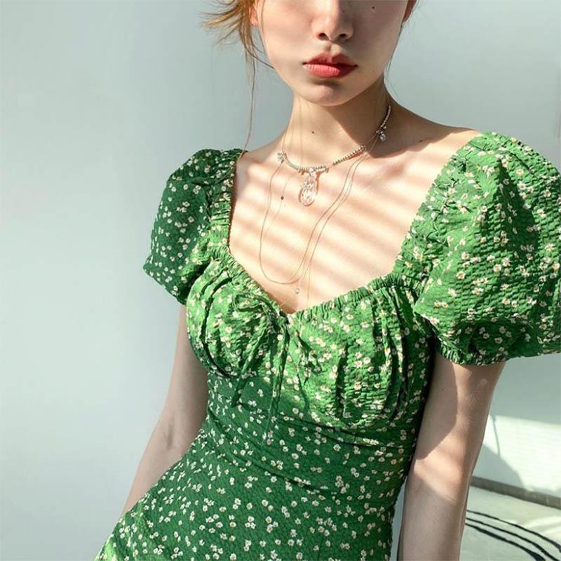 Small Sexy French Floral Dress Sweet Green Waist Skirt