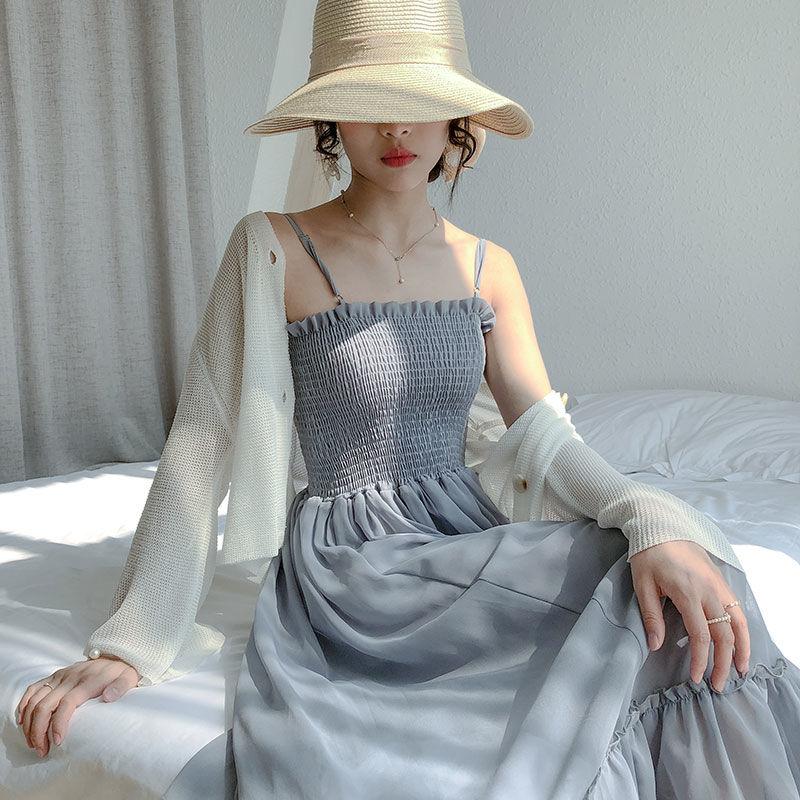 Women Sexy A-line Skirt Sling Dress Mid-length Chiffon Veil  Sleeveless Ruffled Folds Tube Top Party  Dress