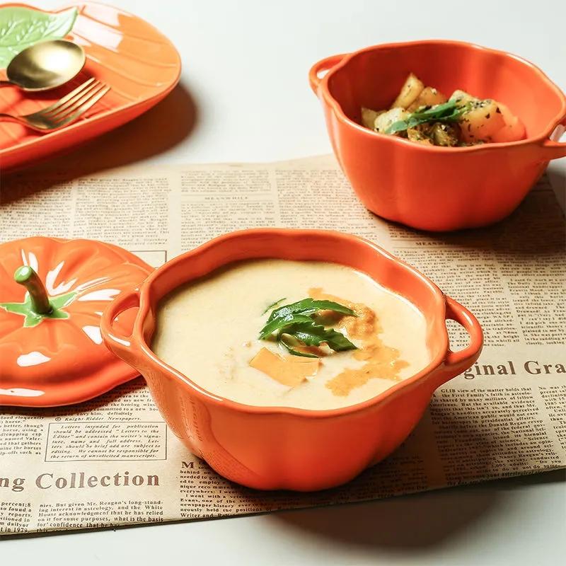 Japanese-style Cute Pumpkin Steamed Bowl Home with Cover Stewed Ceramic Double Ear Soup Bowl of Children's Creative Food Bowl