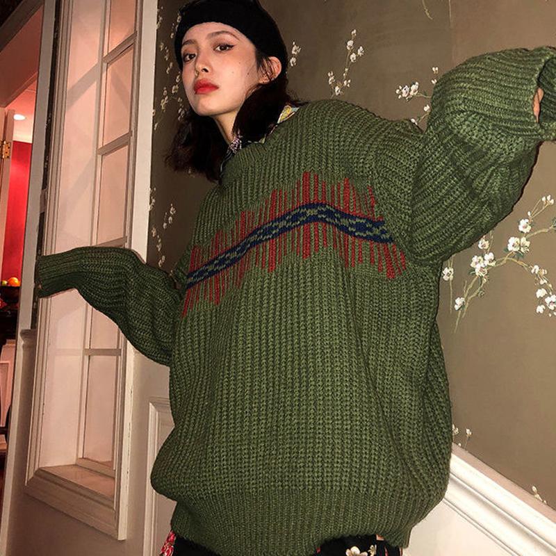 Autumn Winter  Women Fashion Sweater Casual Knitting Sweater Color Matching Round Neck Pullovers Loose Casual Long Sleeve Sweater