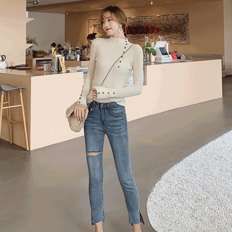 Pofulove Can't afford the ballButton half turtleneck women's bottoming shirt Pullover Slim Sweater