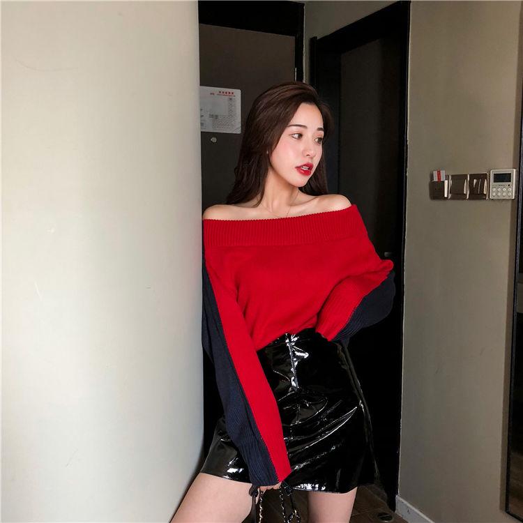 Ladies Sexy Off-shoulder Sweater One-shoulder Split Cross Color Matching  Knitted Sweater Thick Pullover Sweater Autumn Winter