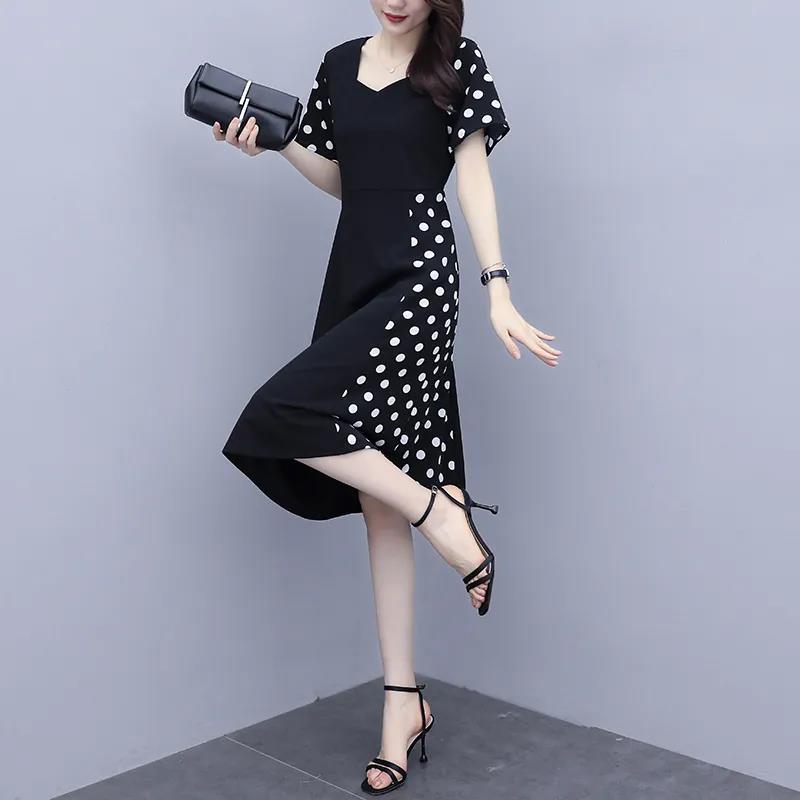 Summer Women's Fashion Polka Dot Printed Holiday Long Dress Short Sleeve Irregular O-neck Casual Baggy Maxi Dresses Plus Size