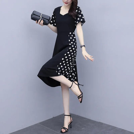 Summer Women's Fashion Polka Dot Printed Holiday Long Dress Short Sleeve Irregular O-neck Casual Baggy Maxi Dresses Plus Size