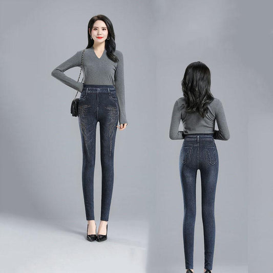 Women Spring Large Size Slim Long Pants High Waist Elastic Skinny Pencil Jeans Female Autumn Streetwear Rhinestones Casual Pants