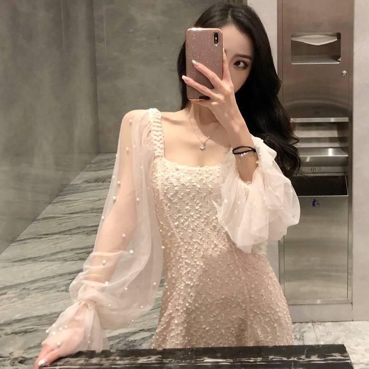 Nightclub Dress Fashion Sexy Slim Slim Wild Net Yarn Bubble Sleeve Temperament Dress Women
