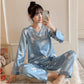 Ice Silk Pajamas Set V Neck  Long-sleeved Set for Womens Spring Autumn Thin Flower Cartoon Printed Outer Wear Home Clothes Two Pieces Set