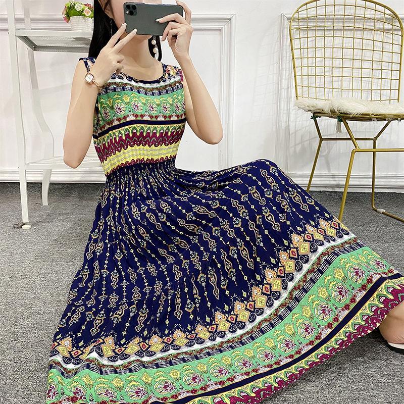 Summer Bohemia Ethnic Print Dress Round Neck  Sleeveless Loose High Waist Cotton Silk Vest Beach Skirt