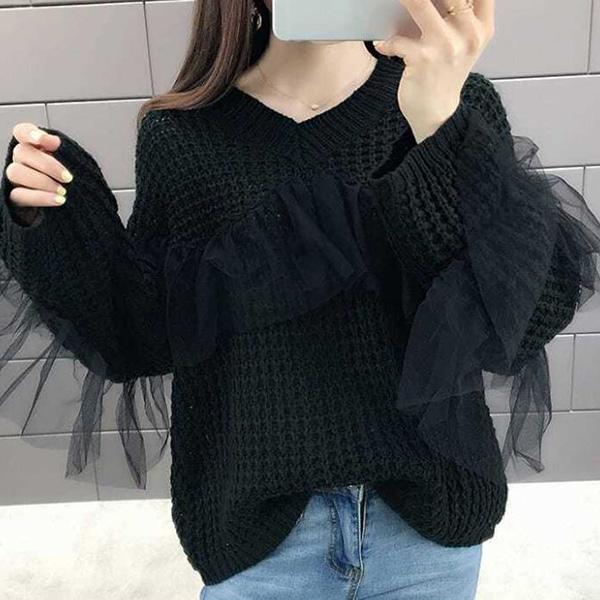 Hollow Lace Stitching Sweater Autumn and Winter Fashion Bottoming Shirt Solid Color Long-sleeved V-neck Sweater Casual All-match Top