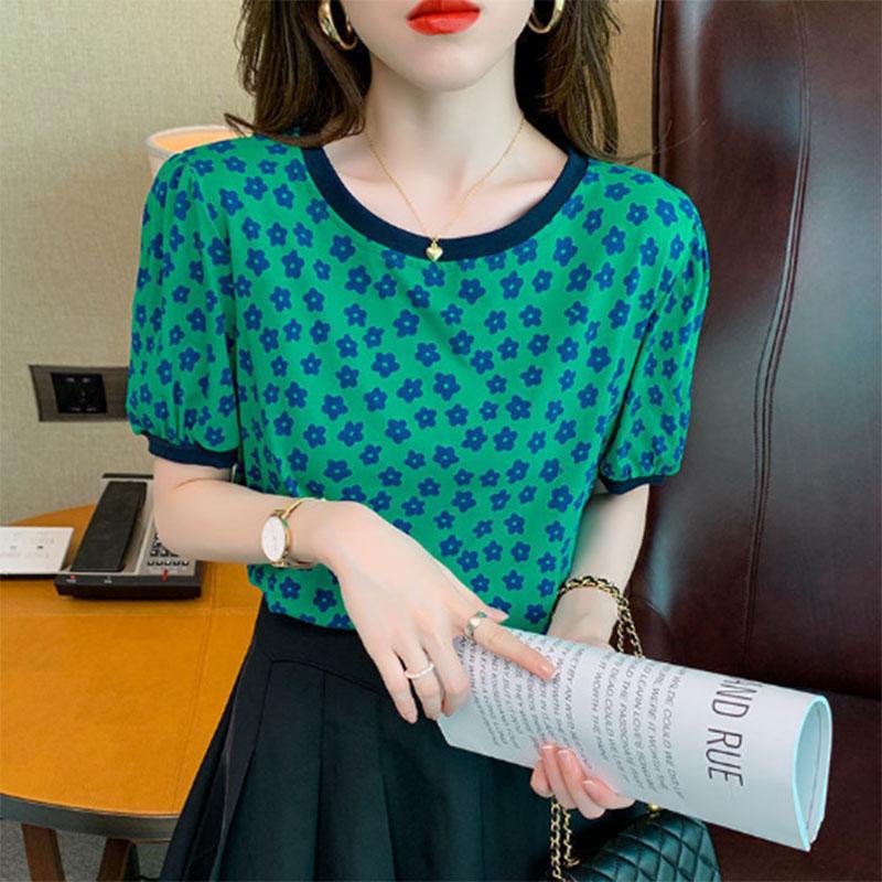 Pure Cotton Summer Floral Short-sleeved T-shirt Ladies Fashion Round Neck All-match Small Shirt Korean Version Trend Half-sleeved Thin Top