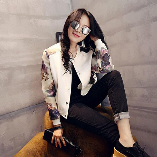 Spring and Summer Plus Size Printing Coat Thin Slim-fit Baseball Uniform Women Short Color-blocking Button Cardigan