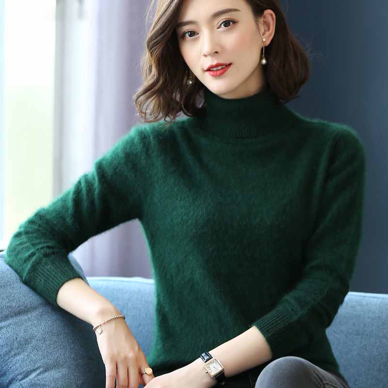 Women's Turtleneck  Mink Sweater Thick Warm Slim Pullover Sweater 100% Real Mink Hair Fuzzy Sweater