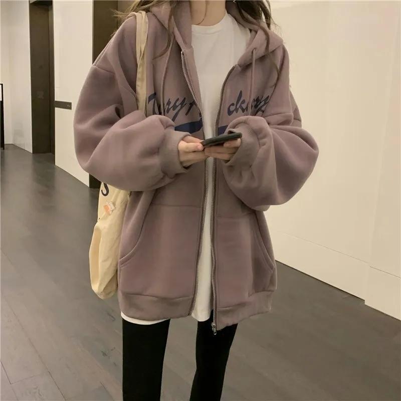 Fleece Thickened Hooded Sweater Women's Winter Loose Lazy Wind Zipper Cardigan Student Jacket Sports Casual Coat