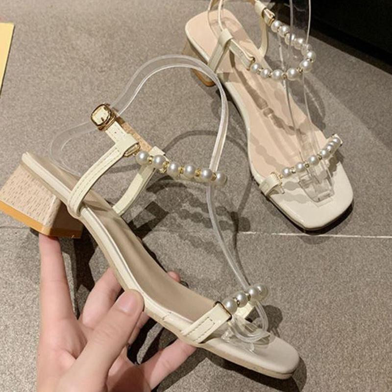 Sandals Women's Summer Korean Fashion Thick Heels High-heeled Pearl Sandals