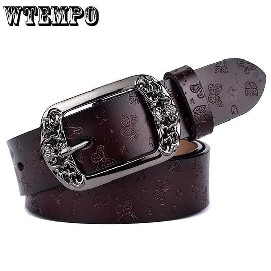 Belt New Retro Cowhide Leather Belt Women Fashion Embossing Pin Buckle Casual Jeans Wide