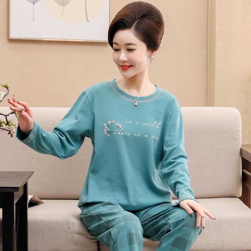Women's Cotton Pajamas Set Autumn Winter Pyjamas Suit Casual Loose Sleepwear Pullover Long Sleeve Home Wear Ladies Nightwear with Round Collar