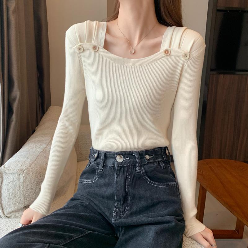 Women Winter Sweater White Pink Purple Square Collar Long Sleeve Slim Pullovers Korean Fashion Knitted Jumper Fall Casual Solid Women Girl Knitwear
