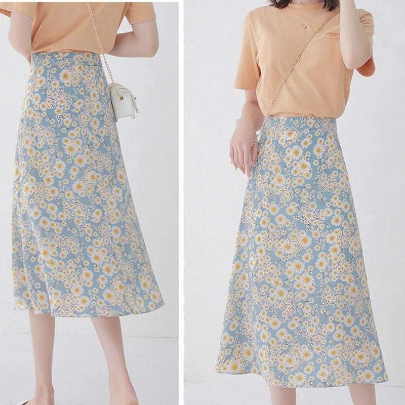 Floral Skirt Women's A-line Skirt High Waist Chiffon Print Midi Skirt Small Daisy Flower Skirt