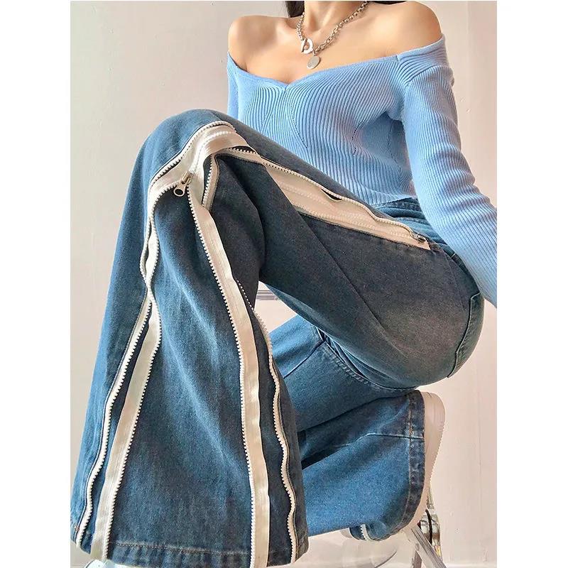 Double Side Zipper Wide-leg Jeans Women's Loose Straight-leg Mopping Flared Trousers with A Sense of Niche High Street Pants