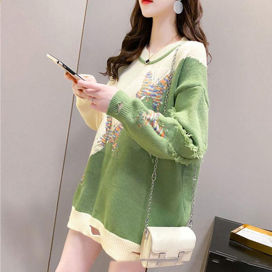 Autumn and Winter Loose Round Neck Bottoming Shirt Pullover Casual Knitted Jacket Hit Color All-match Female Sweater