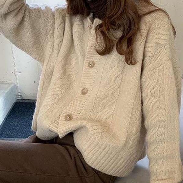 Soft Glutinous Cable Flower Loose Short Sweater Coat Female Twist Thick Needle Beige Knitted Cardigan Outer Wear