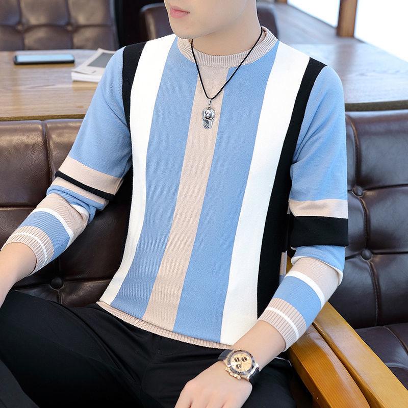 Autumn and Winter Striped Sweater Slim Young Men's Round Neck Knit Bottoming Shirt Long-sleeved Splicing Color Pullover Top
