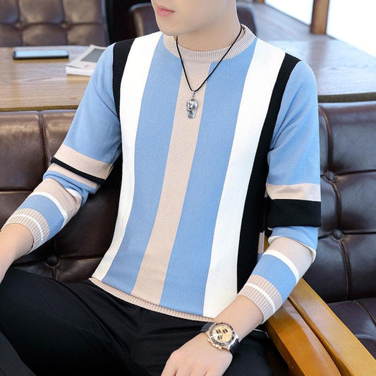 Autumn and Winter Striped Sweater Slim Young Men's Round Neck Knit Bottoming Shirt Long-sleeved Splicing Color Pullover Top