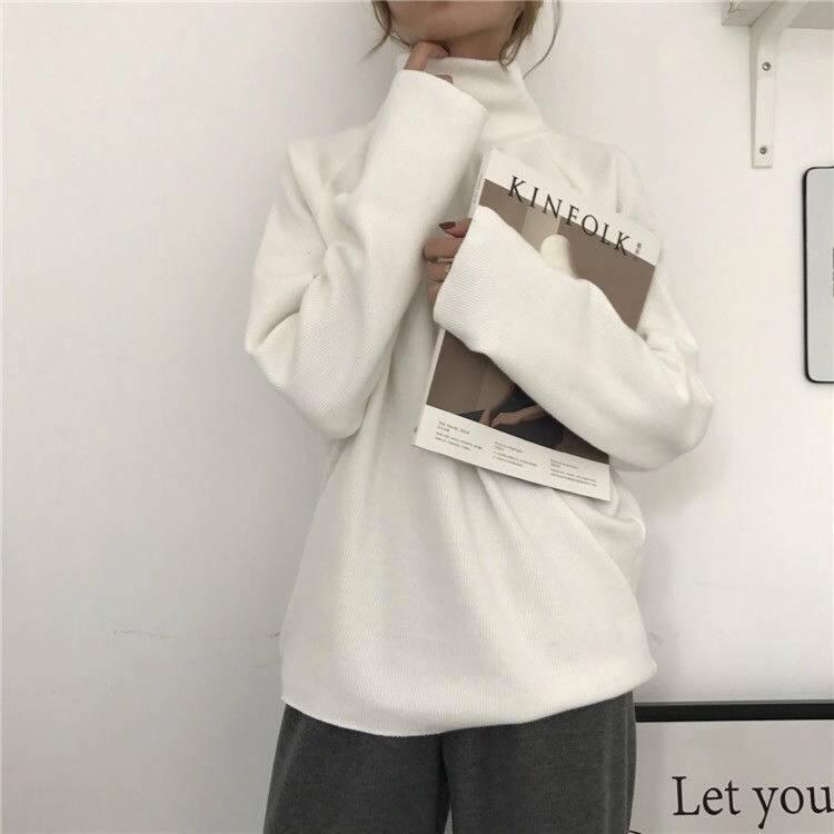 Pofulove Turtleneck Sweater Female Students Autumn Winter Loose Pullover Warm Shirt Solid Color Base