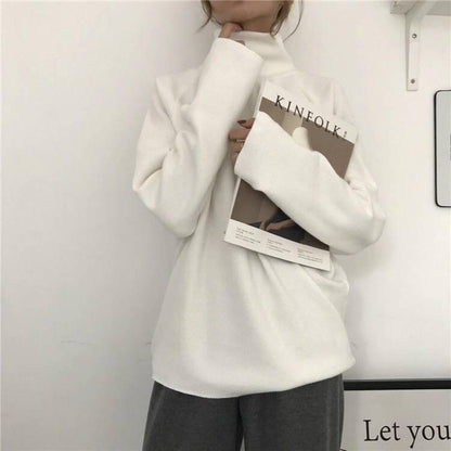 Pofulove Turtleneck Sweater Female Students Autumn Winter Loose Pullover Warm Shirt Solid Color Base