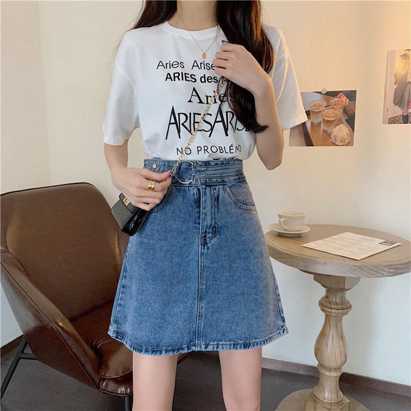Summer  Version  The High Waist  Thin Bag Hip A-line Skirt Female Student Design Sense Denim Skirt