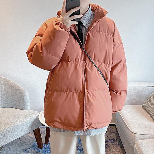 Winter Hong Kong Style Stand-up Collar Cotton-padded Jacket Men's Korean Version of Solid Color Thickened Warm Bread Clothes Loose Cotton Jacket Trend