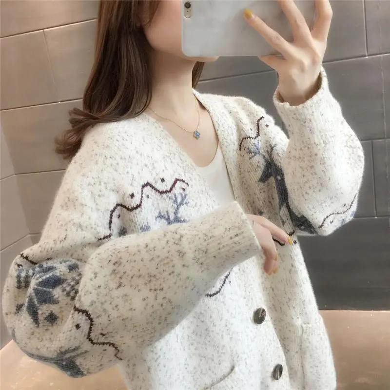 Lazy Style Knitted Cardigan Women's Autumn and Winter Loose School Style V-neck Long-sleeved Sweater Jacket