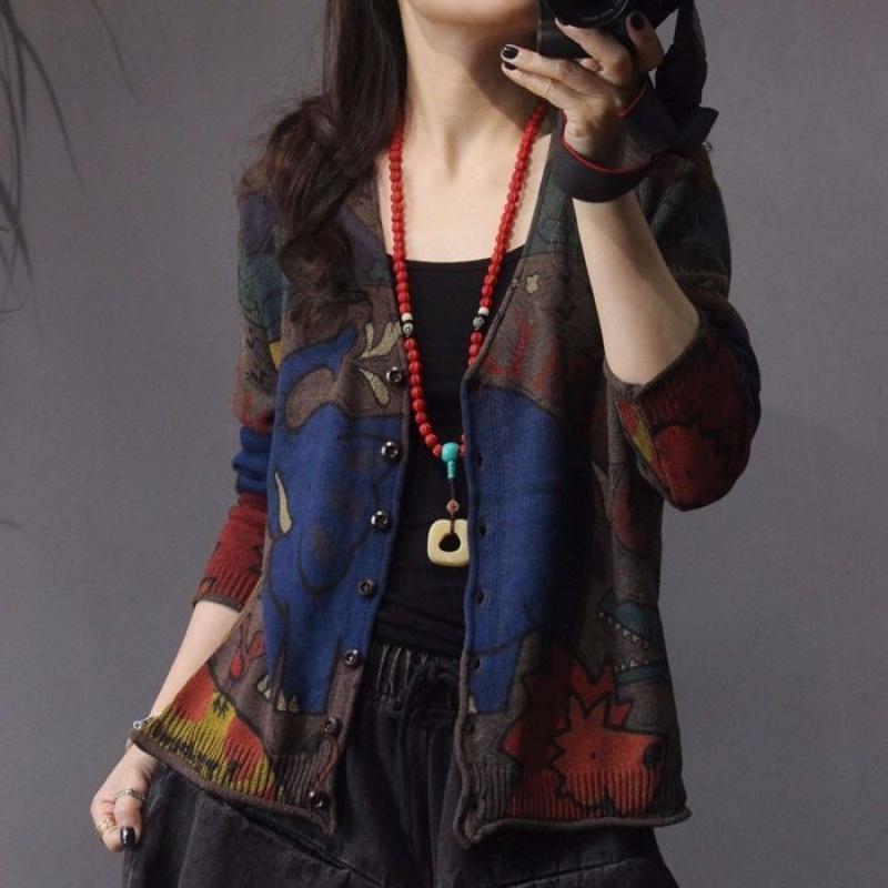 Vintage Ethnic Printed Knitted Cardigan Women Loose Large Size Wild Knitted Sweater Coat Jacket