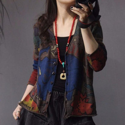 Vintage Ethnic Printed Knitted Cardigan Women Loose Large Size Wild Knitted Sweater Coat Jacket