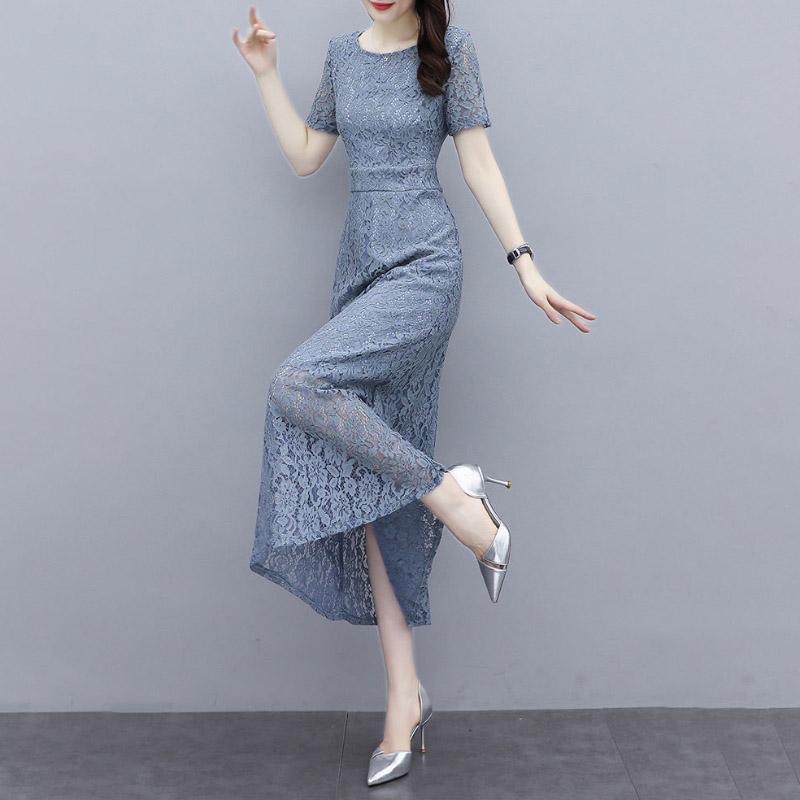 Korean Version Black High-end Lace Dress Female Spring Summer Short Sleeve Round Neck Long Dress