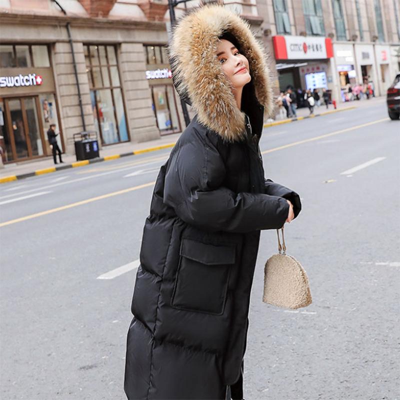 Women's Solid Color Hooded Down Jacket  Long Korean Loose Thick Coat Warm Cotton Coat  Large Wool Collar Winter Quilted Coat