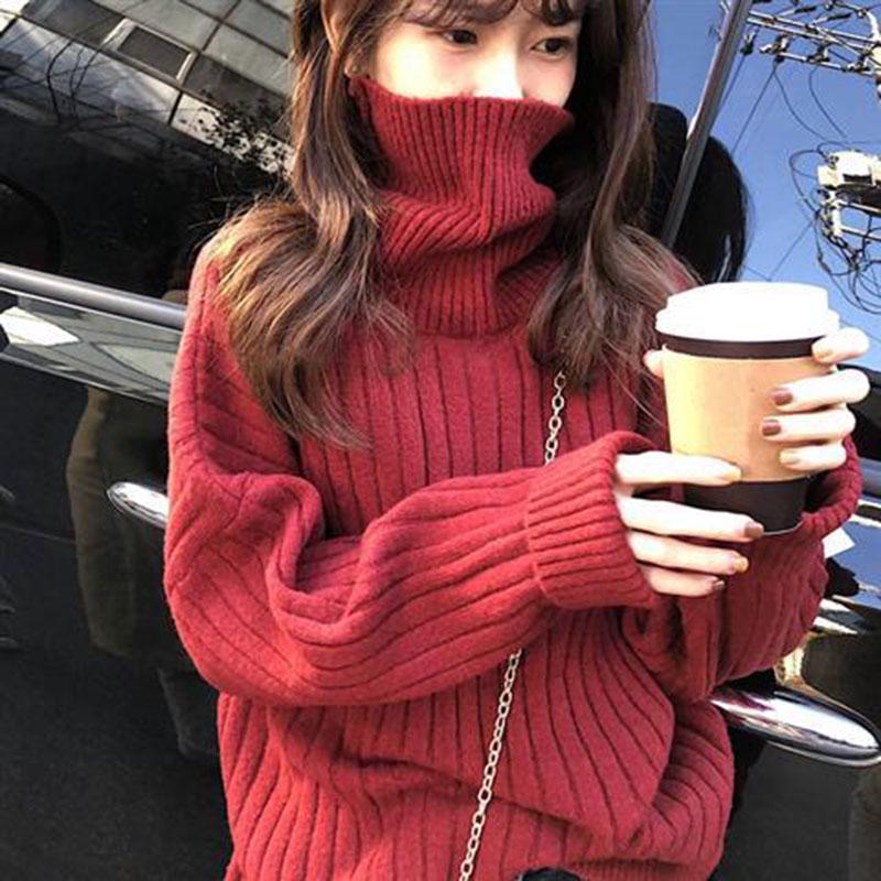 Pofulove Turtleneck Sweater Women's Autumn Winter Wear Red Loose Thick Sweater Bottoming Shirt