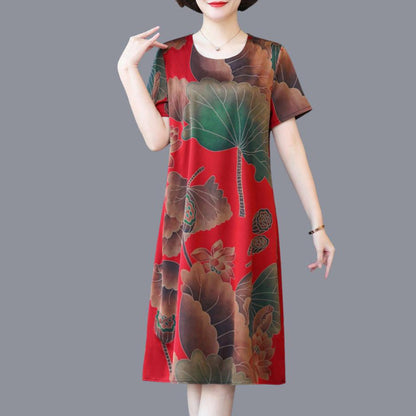 Large Short-sleeved Dress Middle-aged and Elderly Mothers Summer Mid-length Round Neck Print Loose Belly Cover