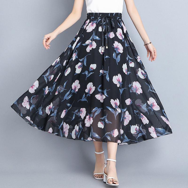 Pleated Floral Skirt Summer Women's High Waist Mid-length A-line Draping Chiffon Fairy Dress Beach Vacation Daily