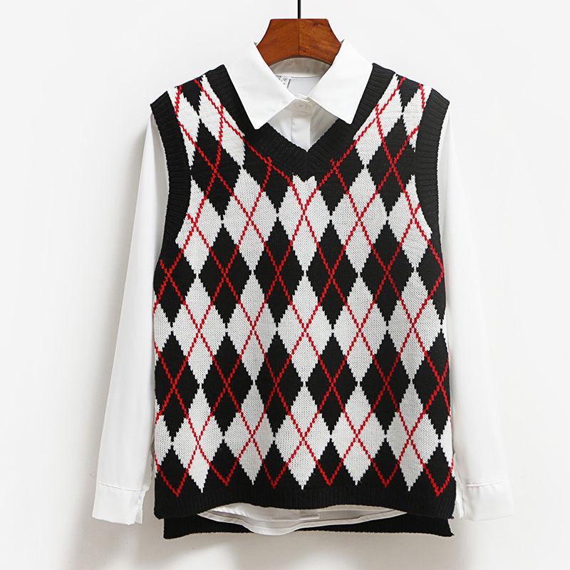 College Style Loose Vest All-match Diamond Check Sweater Splicing Color Sleeveless Fashion Sweater