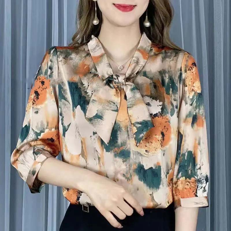 Women Chiffon Blouses Shirts Lady Casual Half Sleeve Bow Tie Collar Printed Blouses Tops Spring Summer Blouse Women Clothing