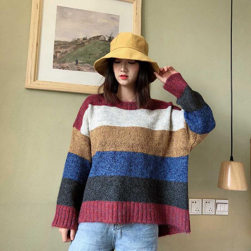 Women's Autumn  Winter Long-sleeved Hedging Striped Color-blocking Sweater All-match Casual Fashion Sweater