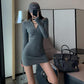 Sexy Knitted Dress with Zipper V-neck Long-sleeved Slim Bag Hip Skirt Female Long Top Slim-fit Sexy Cool Girl Exclusive