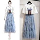 Summer Elegant Skirt Suit Print T-shirt Irregular Mesh Skirt Two-piece Suit Skirt Set