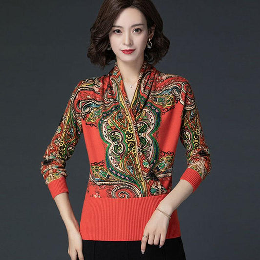 Autumn Winter Ethnic Style  Floral Print Sweater Knit Pullover Jumper Tops  Casual Slim Warm Woolen Sweater