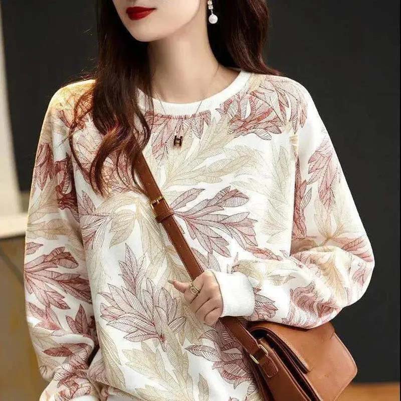 Women's Long-sleeved Spring and Autumn Outer Wear Printed Round Neck Loose Top