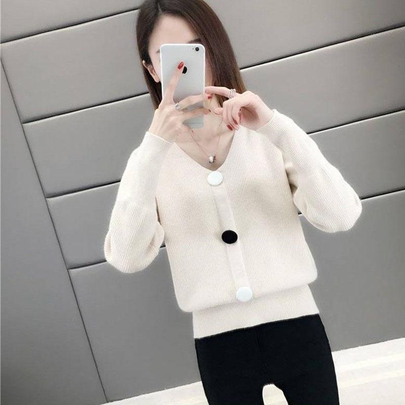 Spring and Autumn V-neck Low-neck Sweater Pullover with Short Bottoming Shirt Casual All-match Female Top